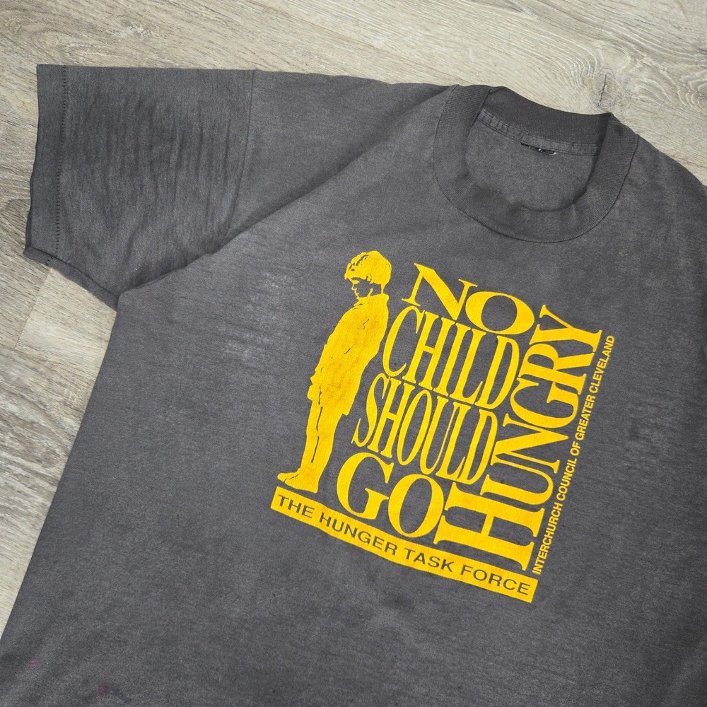 VTG Hunger Task Force T-Shirt Mens XL Faded Black Single Stitch Child Hunger USA